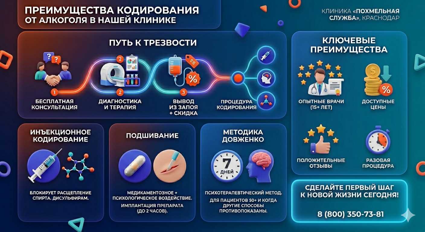 Инфографика о методах кодирования от алкоголя в Полазне: инъекции, подшивание, метод Довженко. Преимущества клиники и этапы лечения.