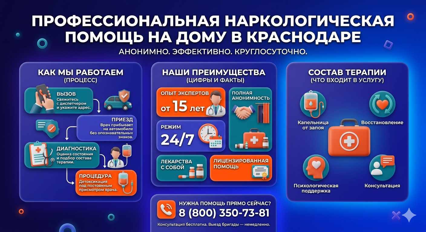 Инфографика о принципах лечения алкоголизма на дому в Полазне: этапы вызова нарколога, преимущества анонимной детоксикации и состав медицинской помощи.
